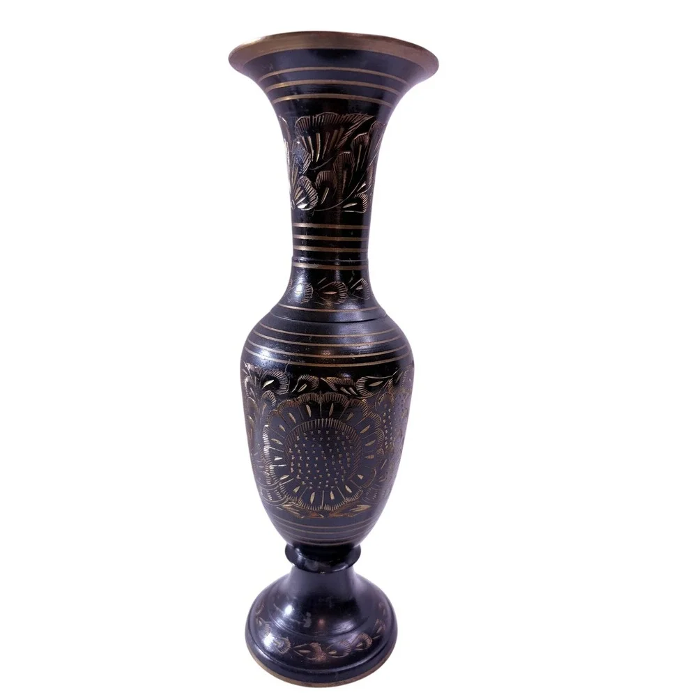 Etched Brass Vase India Black Gold Floral‎ Sunflower Bud Vase 10.5 In Vintage
